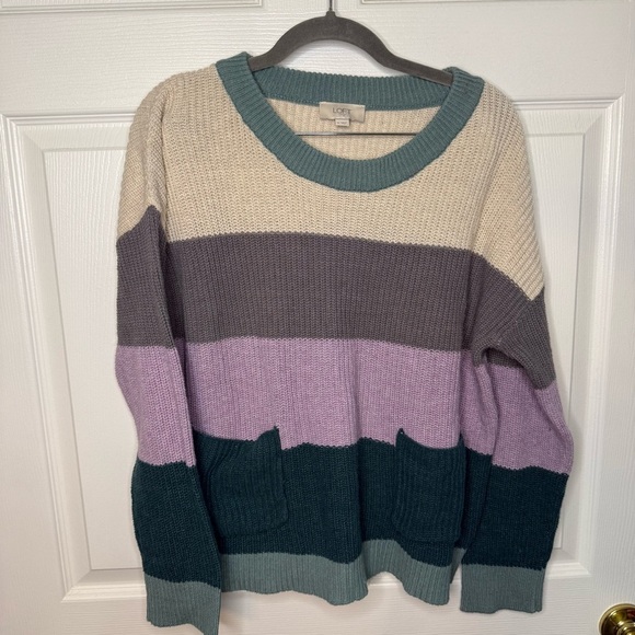 LOFT Women's Striped Sweater - Cream, Gray, Purple, Teal Size XL GUC no pulls - Picture 1 of 5